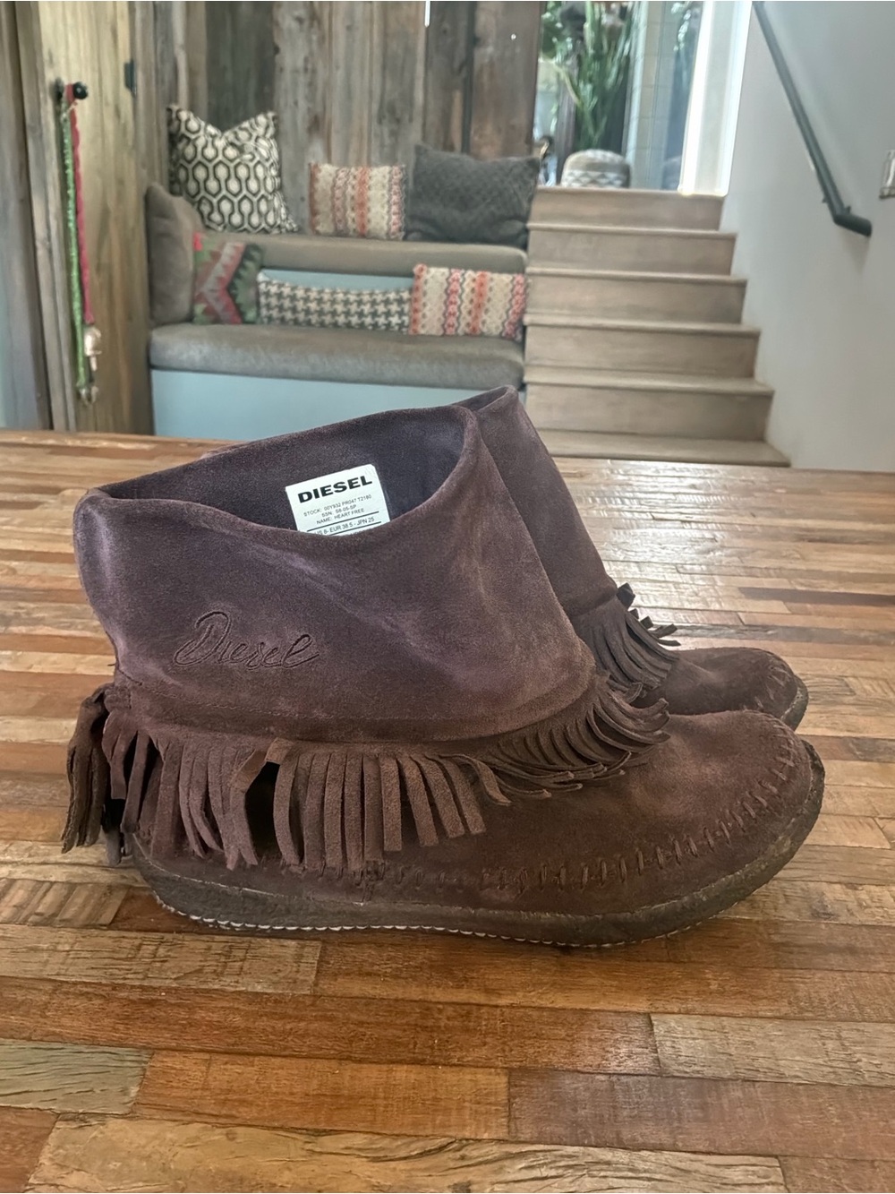Diesel Brown Suede Fringe Ankle Booties